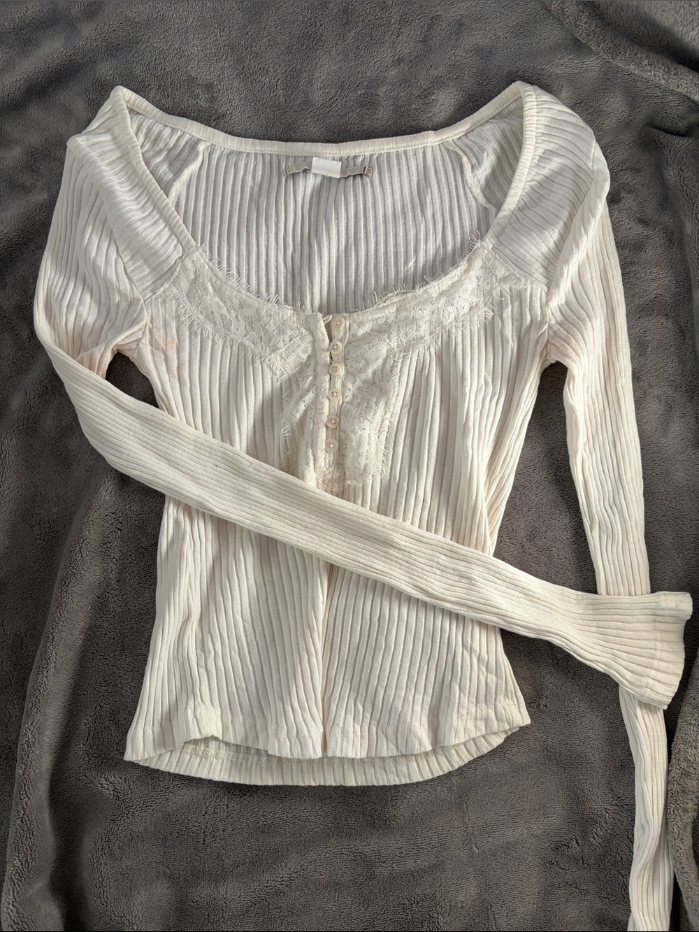 T.J.Maxx Cream Ribbed Lace-Trim Long Sleeve Henley Top